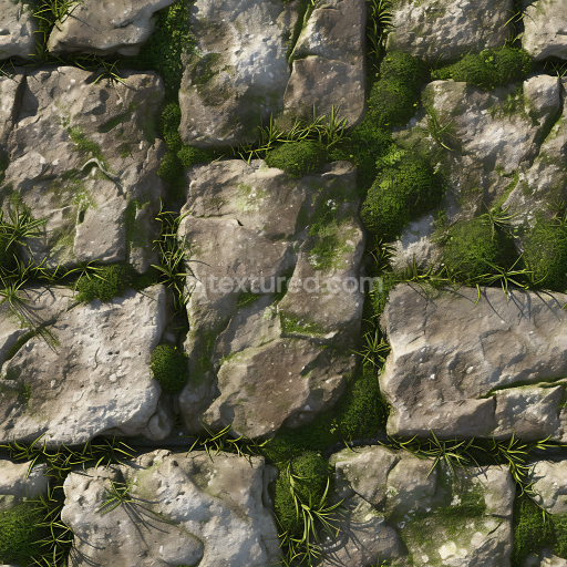Seamless 3D Mossy Stone Pavement PBR Texture with Natural Aging and Vegetation
