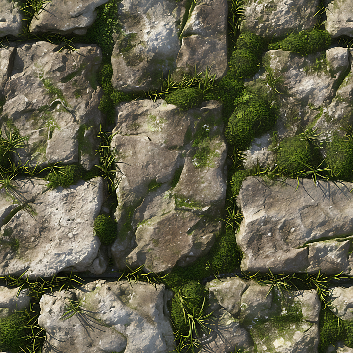 Mossy Stone Pavement with Natural Aging and Vegetation Asphalt seamless PBR texture preview