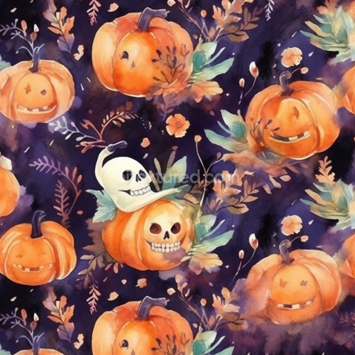 Seamless 3D PBR Watercolor Halloween Texture with Painted Pumpkins & Skulls