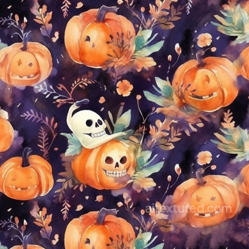Watercolor Halloween Texture with Painted Pumpkins & Skulls seamless Watercolor Halloween PBR texture