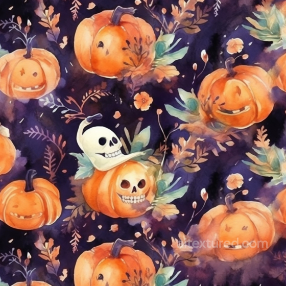 Watercolor Halloween Texture with Painted Pumpkins & Skulls Watercolor Halloween texture preview