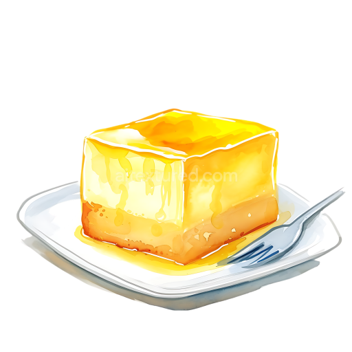 Breakfast Illustration of Latiya Sponge Cake with Custard on Plate