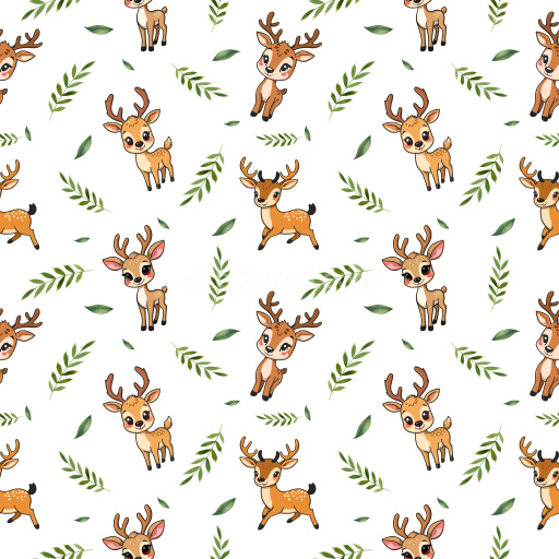 Pattern Bundle - Seamless 3D Pattern PBR Texture with Charming Deer Motifs and Green Foliage on White texture preview
