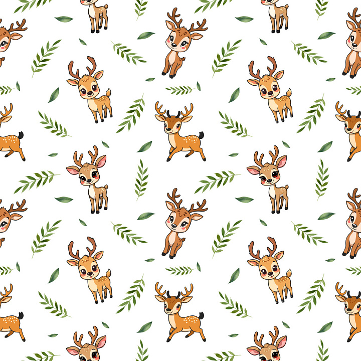 Pattern with Charming Deer Motifs and Green Foliage on White seamless PBR texture preview