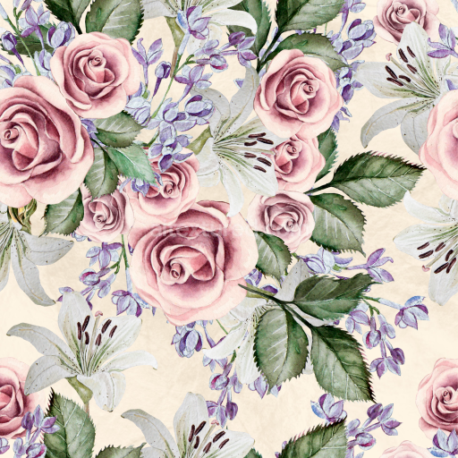 Seamless 3D PBR Floral Texture Featuring Soft Pink Roses and White Lilies