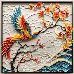 seamless Seamless 3D PBR Texture of Colorful Exotic Bird Feathers with Cherry Blossom Branch texture 8k free download PBR