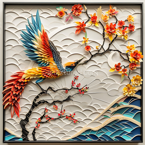 Seamless 3D PBR Texture of Colorful Exotic Bird Feathers with Cherry Blossom Branch