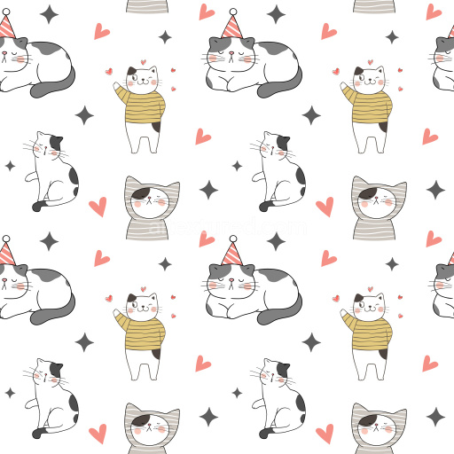 Pattern Bundle - Seamless 3D Pattern PBR Texture Featuring Playful Cat Characters with Hearts and Stars texture preview