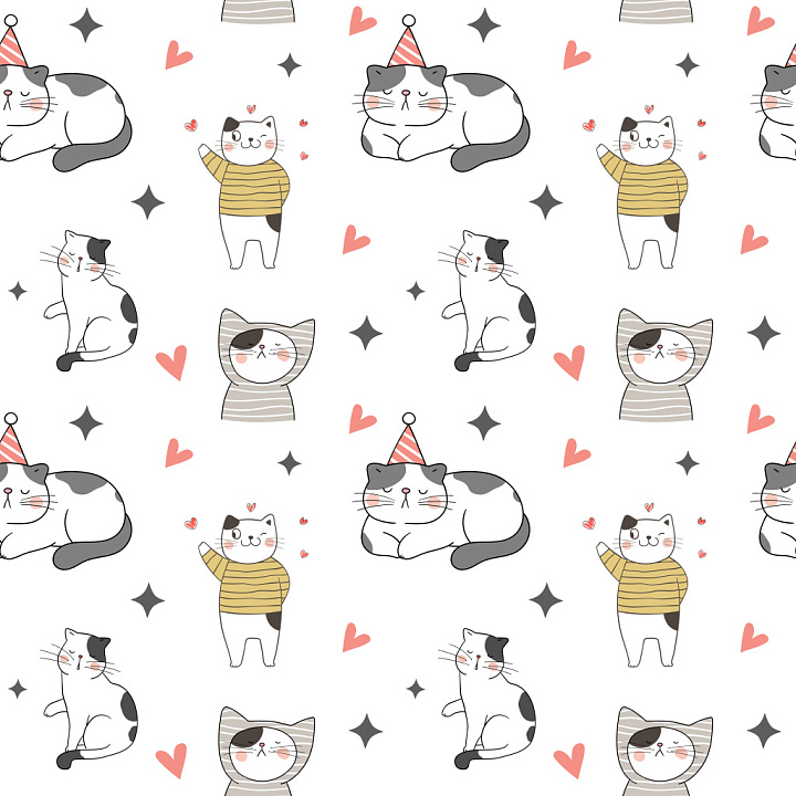 Pattern Featuring Playful Cat Characters with Hearts and Stars seamless PBR texture preview