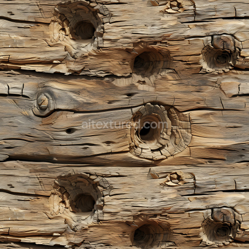 Seamless 3D Cracked and Holed Weathered Wood PBR Texture with Natural Grain and Deep Cavities