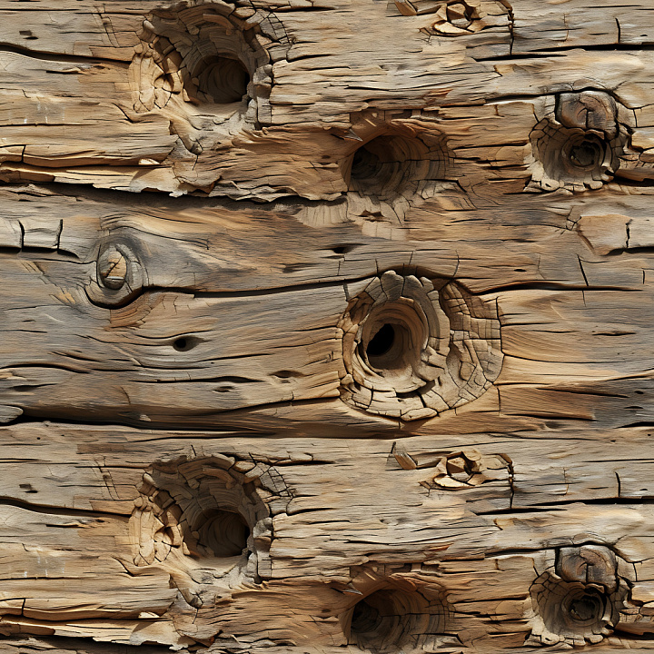 Cracked and Holed Weathered Wood with Natural Grain and Deep Cavities seamless PBR texture preview