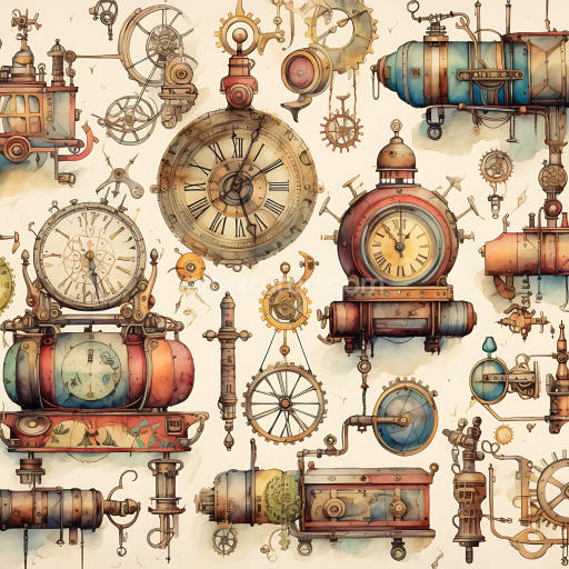 Seamless 3D PBR Texture Featuring Steampunk Clocks and Mechanical Gears in Vintage Scrapbook Style