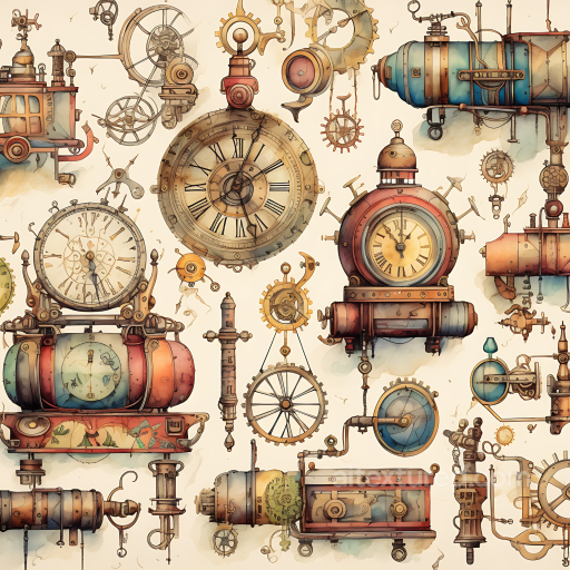 Featuring Steampunk Clocks and Mechanical Gears in Vintage Scrapbook Style seamless Vintage Scrapbook PBR texture
