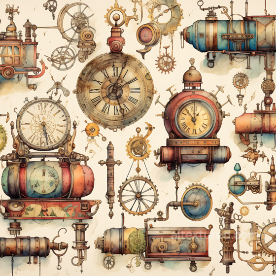 Featuring Steampunk Clocks and Mechanical Gears in Vintage Scrapbook Style Vintage Scrapbook texture preview