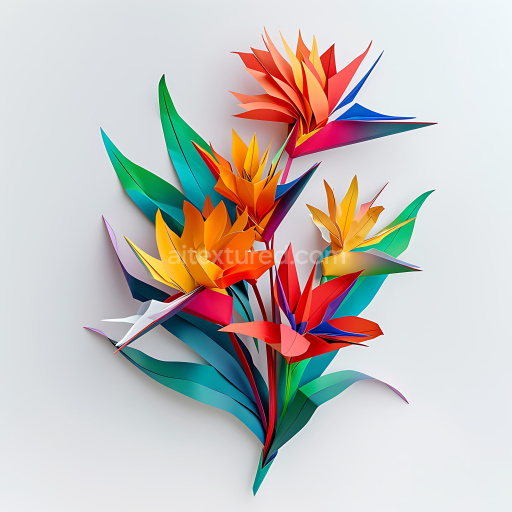 Seamless 3D PBR Texture Featuring Vibrant Birds of Paradise Origami Flowers