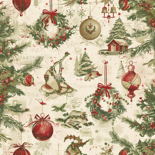 Seamless 3D PBR Texture with Vintage Christmas Ornaments & Wreaths