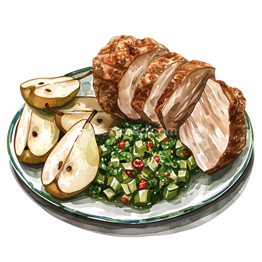 Breakfast Plate with Roast Pork, Fresh Pear Salsa, and Greens Illustration
