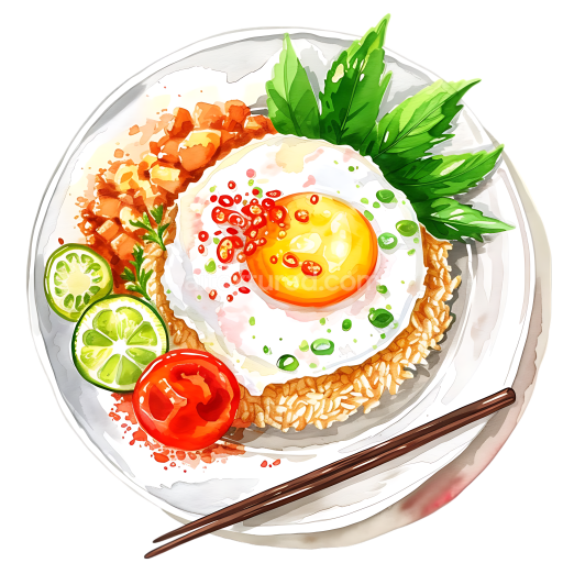 Illustrated Indonesian Nasi Goreng Breakfast with Fried Egg and Fresh Garnishes