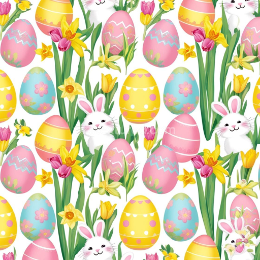 Seamless 3D PBR Texture Featuring Easter Eggs and Bunny with Spring Flowers