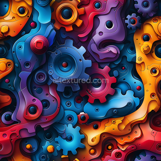 Seamless 3D PBR Texture Featuring Vibrant Multi-Colored Graffiti Gears and Abstract Shapes