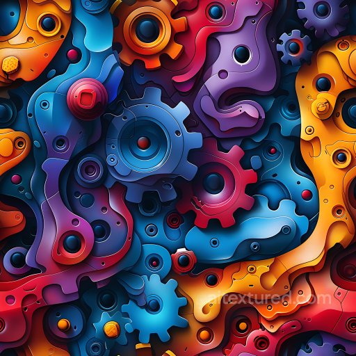 Seamless 3D PBR Texture Featuring Vibrant Multi-Colored Graffiti Gears and Abstract Shapes texture preview