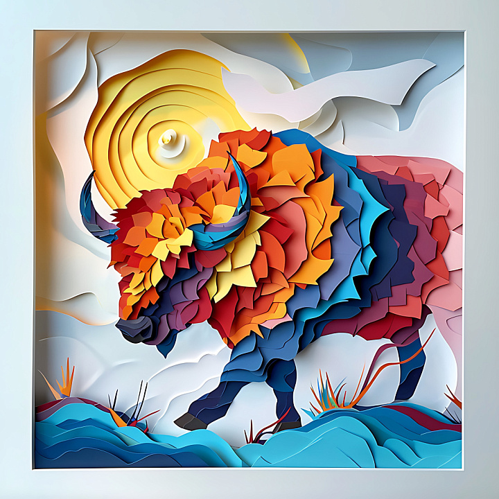 Featuring Colorful Layered Buffalo Origami Style seamless PBR texture preview
