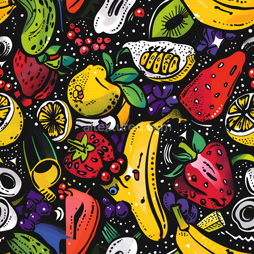 Seamless 3D PBR Graffiti Texture Featuring Vibrant Cartoon Fruits on Black