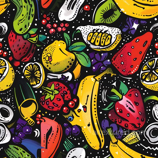 Seamless 3D PBR Graffiti Texture Featuring Vibrant Cartoon Fruits on Black texture preview
