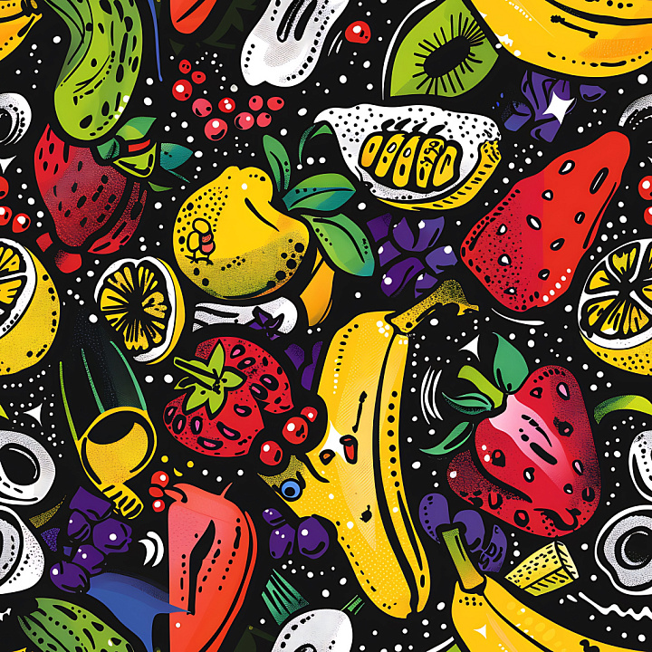 Graffiti Featuring Vibrant Cartoon Fruits on Black seamless PBR texture preview