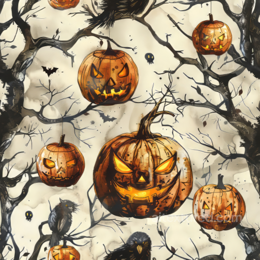 with Vintage Halloween Jack-o'-Lantern Pumpkins and Spooky Bare Tree Branches seamless Vintage Halloween PBR texture