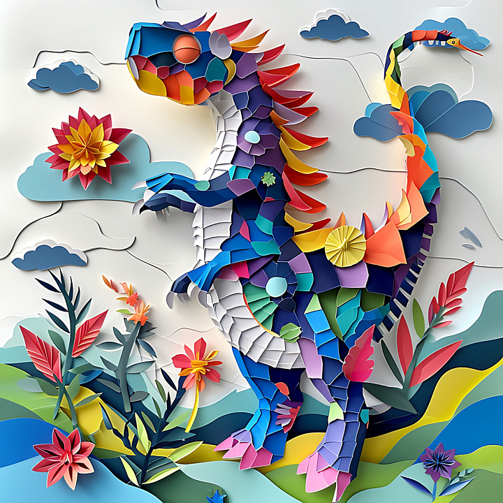 Animal of Multicolored Origami Dinosaur Scales with Bold Pattern seamless PBR texture preview