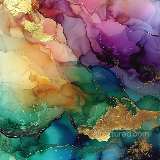 Alcohol Ink PBR Texture Featuring Multicolor Translucent Layers and Metallic Gold Veins texture preview