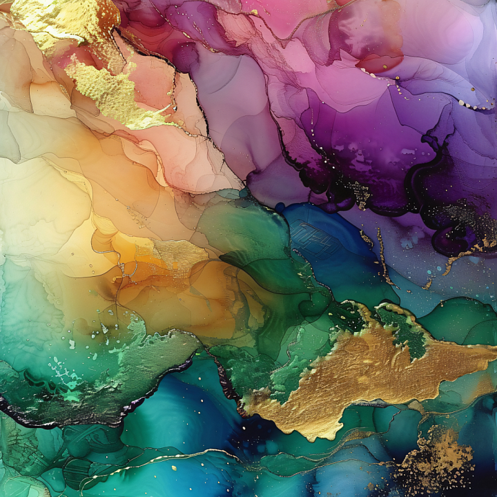 Alcohol Ink Featuring Multicolor Translucent Layers and Metallic Gold V… seamless PBR texture preview