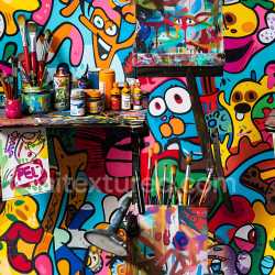 seamless Seamless 3D PBR Graffiti Texture Featuring Bright Cartoonish Characters and Multicolor Patterns texture 8k free download PBR
