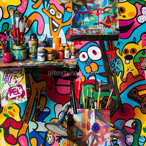 Preview — Seamless 3D PBR Graffiti Texture Featuring Bright Cartoonish Characters and Multicolor Patterns