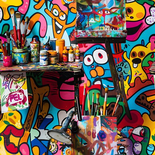 Seamless 3D PBR Graffiti Texture Featuring Bright Cartoonish Characters and Multicolor Pa… texture preview