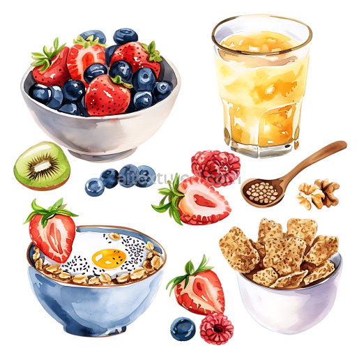 Watercolor Breakfast Collection with Granola, Fresh Berries, and Juice