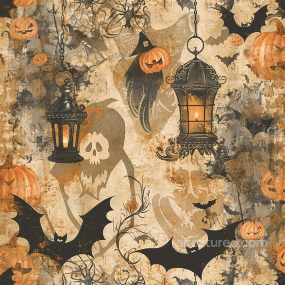 Vintage Halloween Fabric Texture with Pumpkins, Bats, and Lanterns Vintage Halloween texture preview