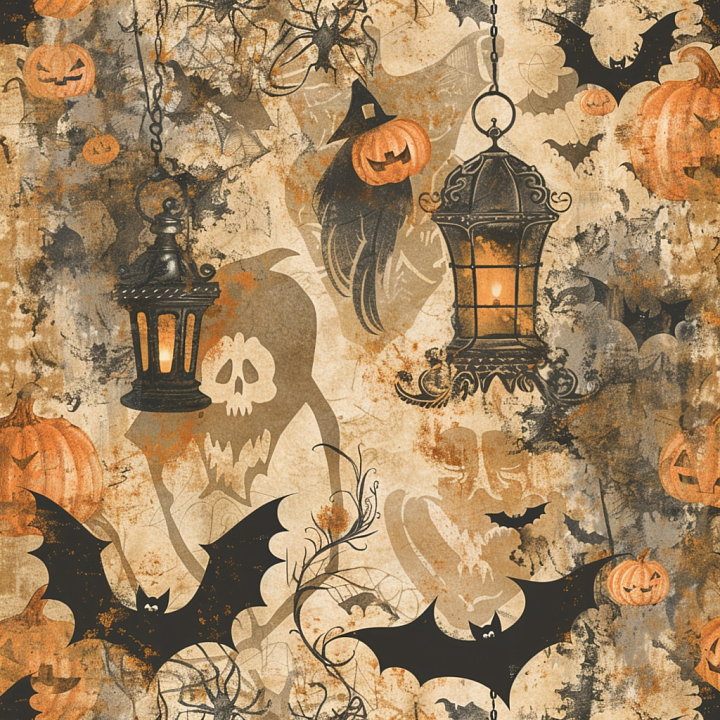 Vintage Halloween Fabric with Pumpkins, Bats, and Lanterns seamless PBR texture preview