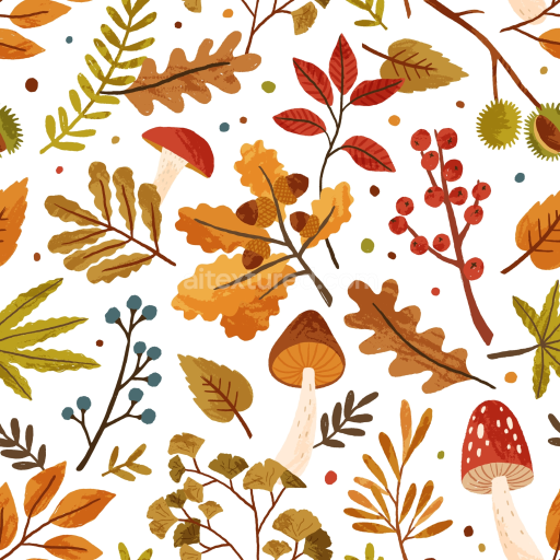 Seamless 3D PBR Texture of Autumn Leaves and Mushrooms Pattern in Warm Tones