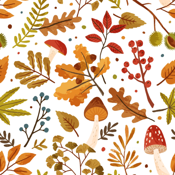 Autumn Leaves and Mushrooms Pattern in Warm Tones Seamless Texture Autumn Leaves texture preview