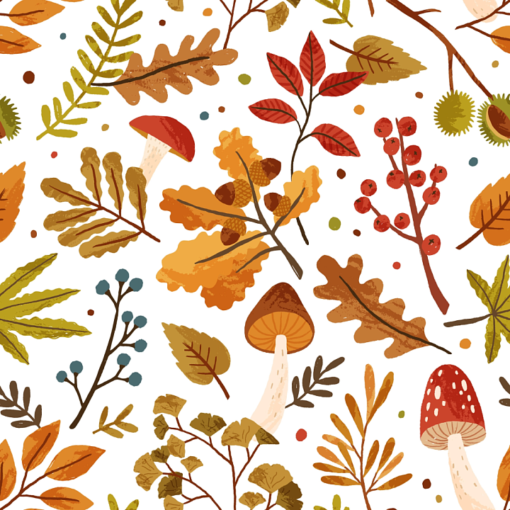 Autumn Leaves and Mushrooms Pattern in Warm Tones seamless PBR texture preview