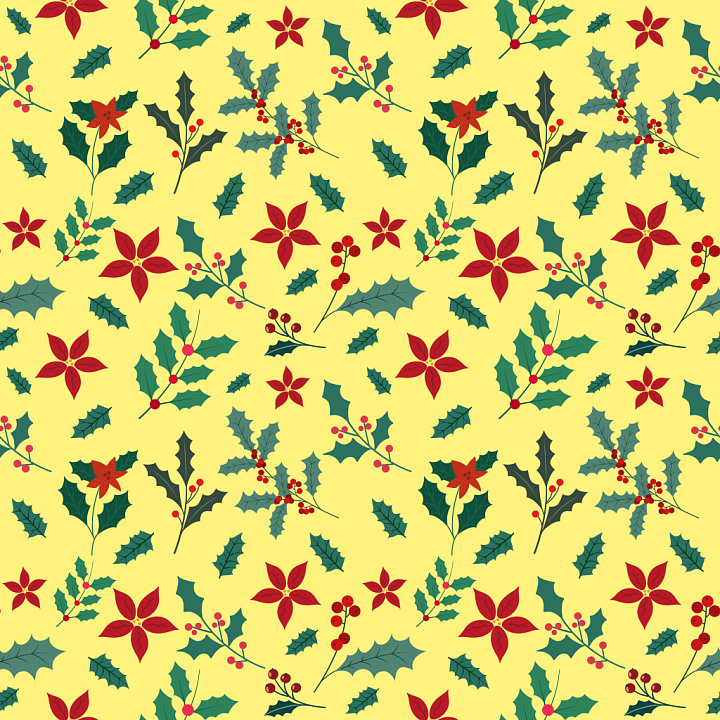 Pattern with Christmas Holly and Poinsettia Botanical Motifs seamless PBR texture preview