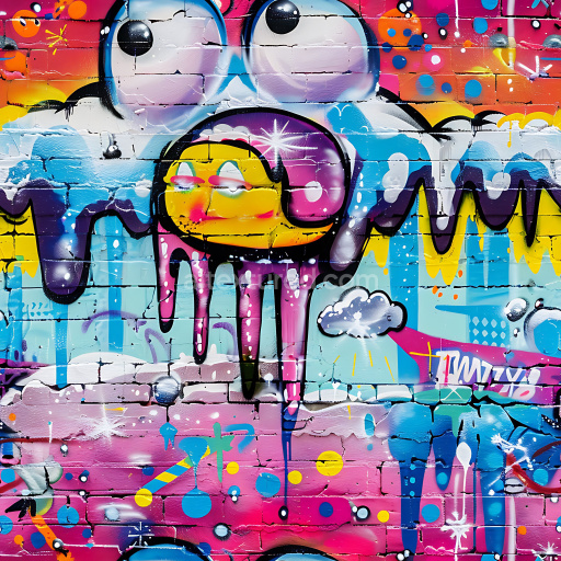 Seamless 3D PBR Texture of Vibrant Cartoon-Style Graffiti on Brick Wall with Drips