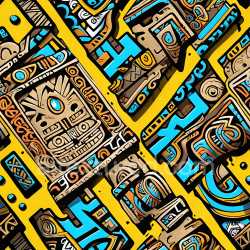 seamless Seamless 3D PBR Graffiti Texture Featuring Aztec Mural Style with Bright Yellow and Blue Accents texture 8k free download PBR