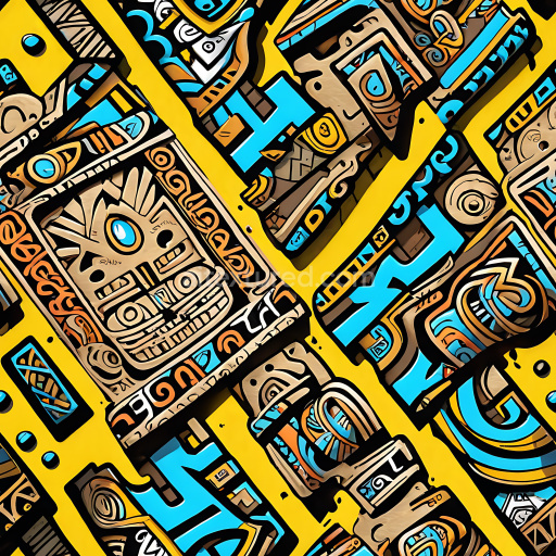 Seamless 3D PBR Graffiti Texture Featuring Aztec Mural Style with Bright Yellow and Blue Accents