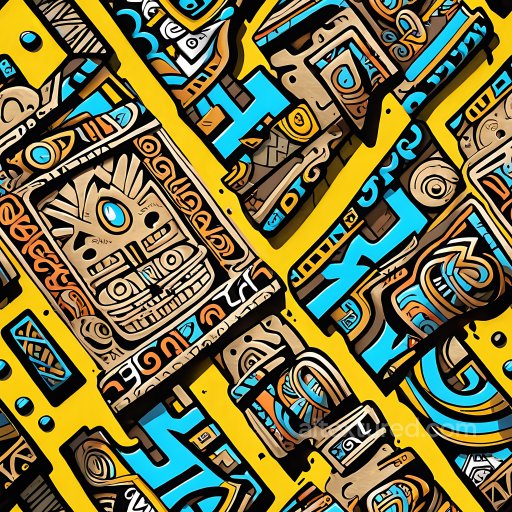 Seamless 3D PBR Graffiti Texture Featuring Aztec Mural Style with Bright Yellow and Blue… texture preview