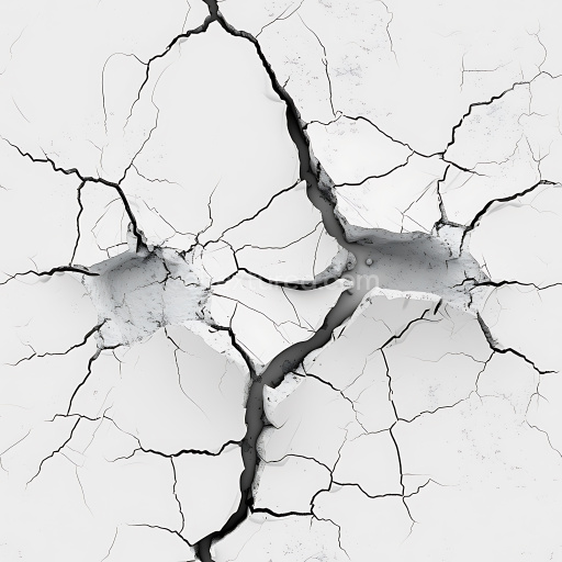 Seamless 3D cracked and holed white plaster PBR texture with jagged fractures