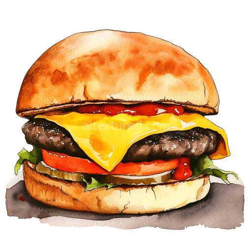 Watercolor Style Beef Burger and Cheese Breakfast Sandwich Illustration