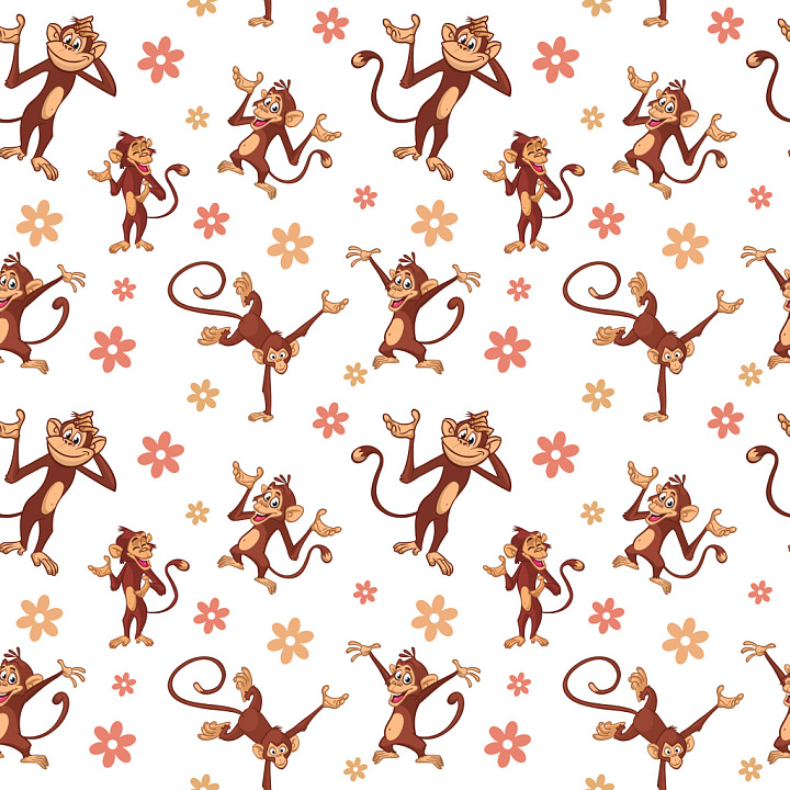 Pattern Featuring Playful Cartoon Monkeys and Cheerful Floral Motifs seamless PBR texture preview